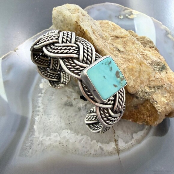 Sterling Silver Woven Rope With Square Turquoise Fashion Bracelet For Women main image 3